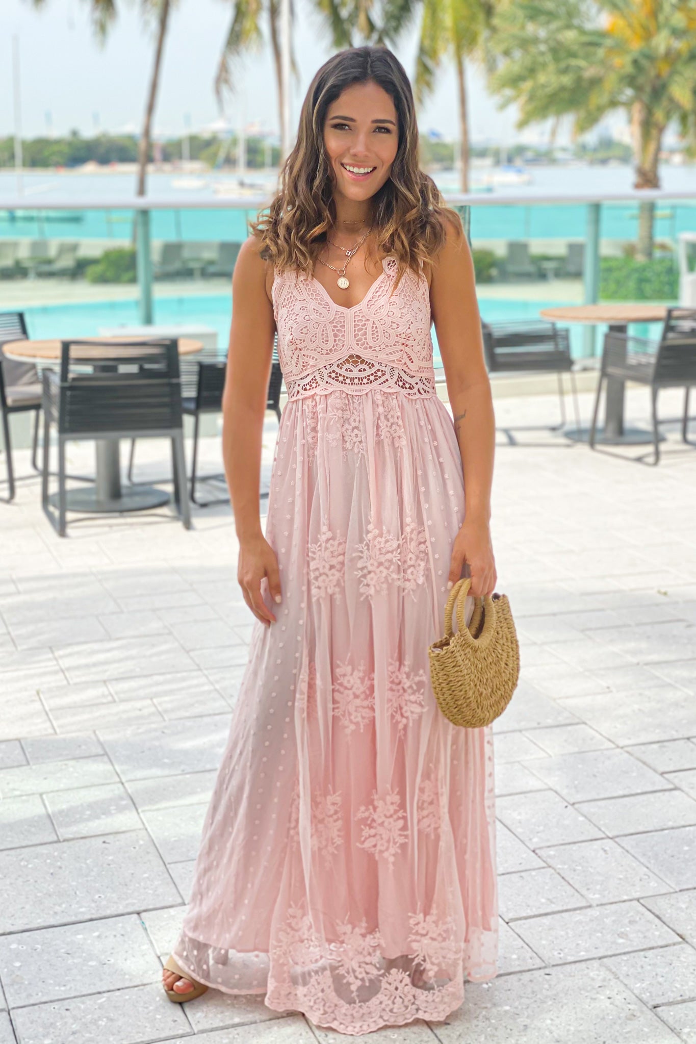 Blush Lace Maxi Dress With Crochet Top ...